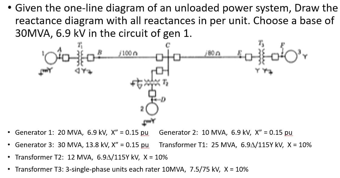 • Given the one-line diagram of an unloaded power system, Draw the
reactance diagram with all reactances in per unit. Choose a base of
30MVA, 6.9 kV in the circuit of gen 1.
1000
SONY
472
B
100
C
800
10100
• Generator 1: 20 MVA, 6.9 kV, X" = 0.15 pu
• Generator 3: 30 MVA, 13.8 kV, X" = 0.15 pu
Generator 2: 10 MVA, 6.9 kV, X" = 0.15 pu
Transformer T1: 25 MVA, 6.9A/115Y KV, X = 10%
•
Transformer T2: 12 MVA, 6.9A/115Y kV, X = 10%
• Transformer T3: 3-single-phase units each rater 10MVA, 7.5/75 kV, X = 10%