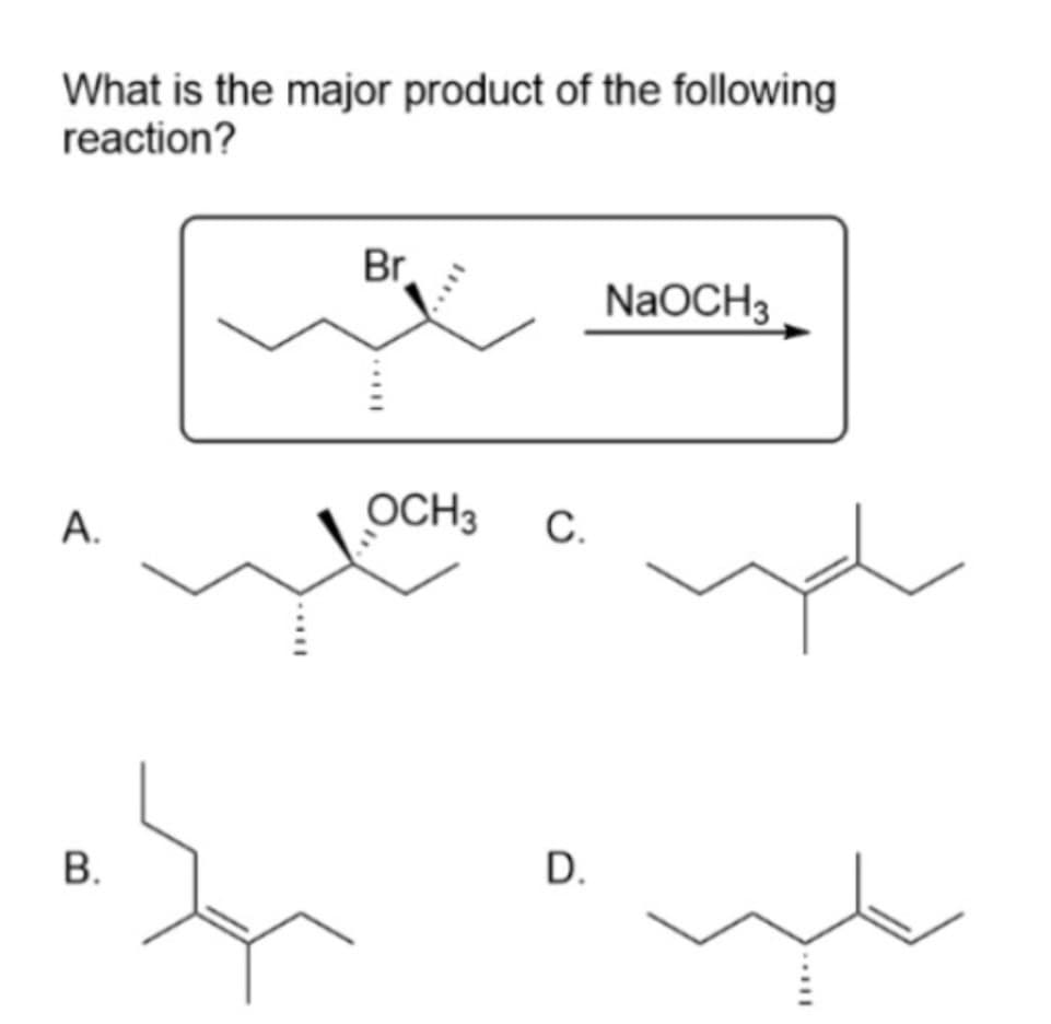 What is the major product of the following
reaction?
A.
B.
III..
Br
OCH 3
C.
D.
NaOCH3