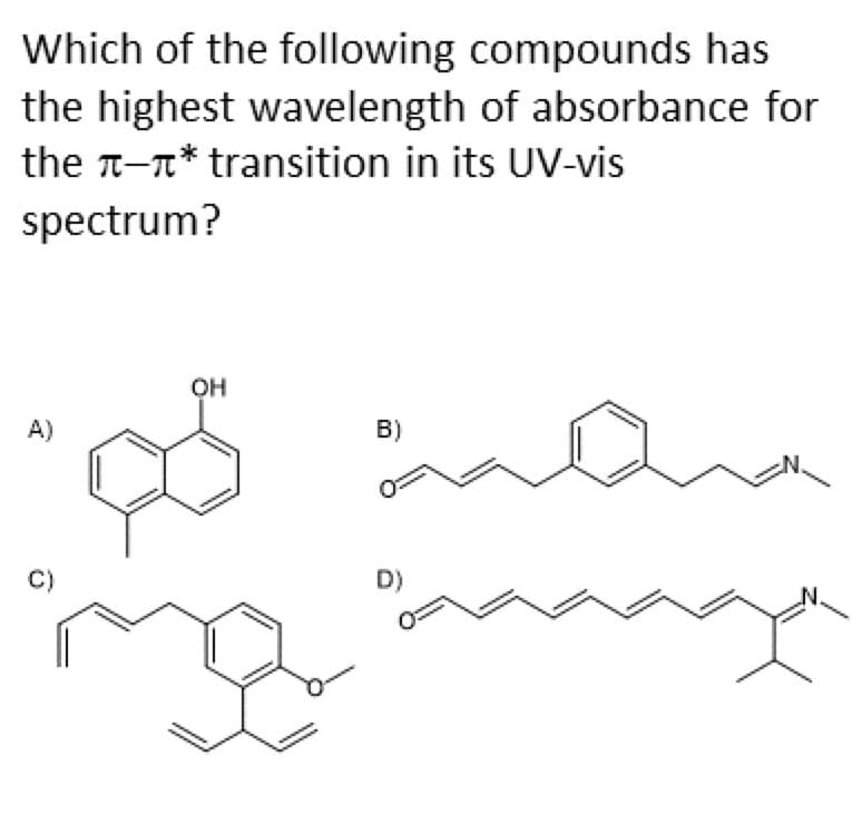 Which of the following compounds has
the highest wavelength of absorbance for
the -* transition in its UV-vis
spectrum?
A)
OH
32
B)
D)