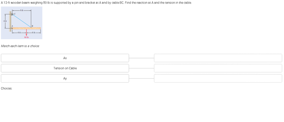 A12-ft wooden beam weighing 80 lb is supported by a pin and bracket at A and by cable BC. Find the reaction at A and the tension in the cable.
6 ft
A
ft
6 ft
80 Ib
Match each item to a choice:
Ax
Tension on Cable
Ay
Choices:
