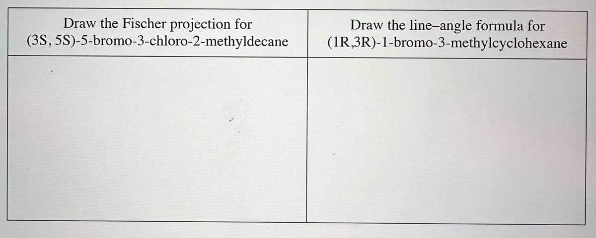 Draw the Fischer projection for
(3S, 5S)-5-bromo-3-chloro-2-methyldecane
Draw the line-angle formula for
(1R,3R)-1-bromo-3-methylcyclohexane