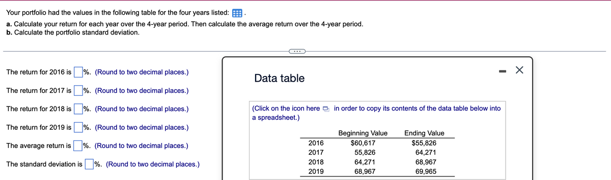 Your portfolio had the values in the following table for the four years listed:
a. Calculate your return for each year over the 4-year period. Then calculate the average return over the 4-year period.
b. Calculate the portfolio standard deviation.
%. (Round to two decimal places.)
%. (Round to two decimal places.)
%. (Round to two decimal places.)
%. (Round to two decimal places.)
%. (Round to two decimal places.)
The standard deviation is %. (Round to two decimal places.)
The return for 2016 is
The return for 2017 is
The return for 2018 is
The return for 2019 is
The average return is
Data table
(Click on the icon here in order to copy its contents of the data table below into
a spreadsheet.)
2016
2017
2018
2019
Beginning Value
$60,617
55,826
64,271
68,967
Ending Value
$55,826
64,271
68,967
69,965
X