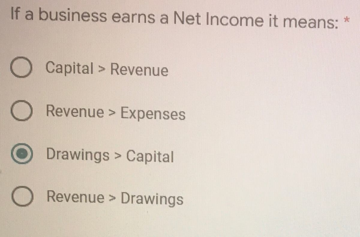 If a business earns a Net Income it mneans: *
Capital > Revenue
Revenue > Expenses
Drawings > Capital
Revenue > Drawings
