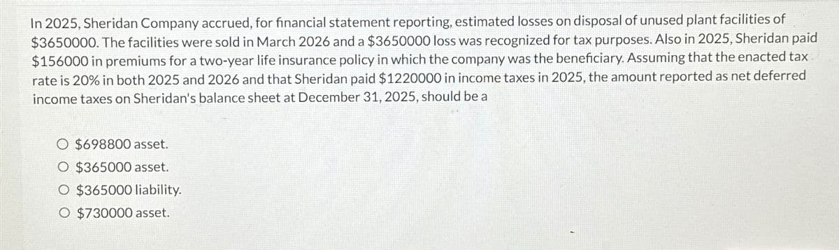 In 2025, Sheridan Company accrued, for financial statement reporting, estimated losses on disposal of unused plant facilities of
$3650000. The facilities were sold in March 2026 and a $3650000 loss was recognized for tax purposes. Also in 2025, Sheridan paid
$156000 in premiums for a two-year life insurance policy in which the company was the beneficiary. Assuming that the enacted tax
rate is 20% in both 2025 and 2026 and that Sheridan paid $1220000 in income taxes in 2025, the amount reported as net deferred
income taxes on Sheridan's balance sheet at December 31, 2025, should be a
O $698800 asset.
O $365000 asset.
O $365000 liability.
O $730000 asset.