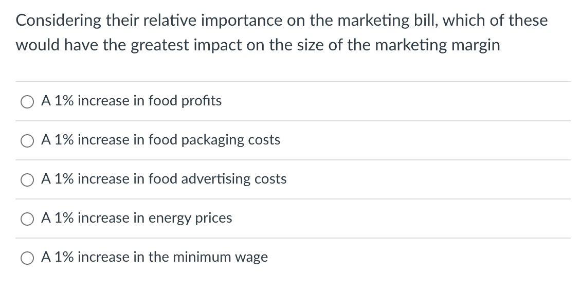 Considering their relative importance on the marketing bill, which of these
would have the greatest impact on the size of the marketing margin
A 1% increase in food profits
A 1% increase in food packaging costs
A 1% increase in food advertising costs
A 1% increase in energy prices
O A 1% increase in the minimum wage
