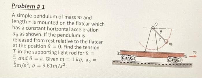 Problem # 1
A simple pendulum of mass m and
length r is mounted on the flatcar which
has a constant horizontal acceleration
ao as shown. If the pendulum is
released from rest relative to the flatcar
at the position 0 = 0. Find the tension
T in the supporting light rod for 0 =
" and 0 = n. Given m
5m/s2, g = 9.81m/s2.
m
ao
1 kg, ao =
%3!
%3D
