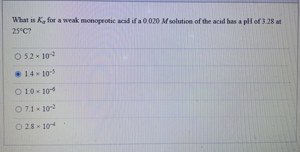 What is Ka for a weak monoprotic acid if a 0.020 M solution of the acid has a pH of 3.28 at
25°C?
O 5.2 x 10-2
1.4 x 10-5
1.0 x 10-6
O 7.1 x 10-2
© 2.8 × 10-4