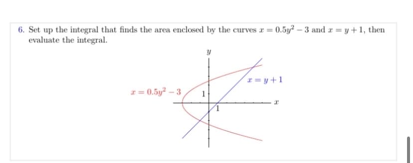 6. Set up the integral that finds the area enclosed by the curves a=0.5y2-3 and x = y + 1, then
evaluate the integral.
x=0.5y²-3
y
x=y+1
I