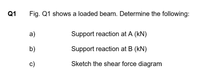 Q1
Fig. Q1 shows a loaded beam. Determine the following:
a)
Support reaction at A (kN)
b)
Support reaction at B (kN)
c)
Sketch the shear force diagram
