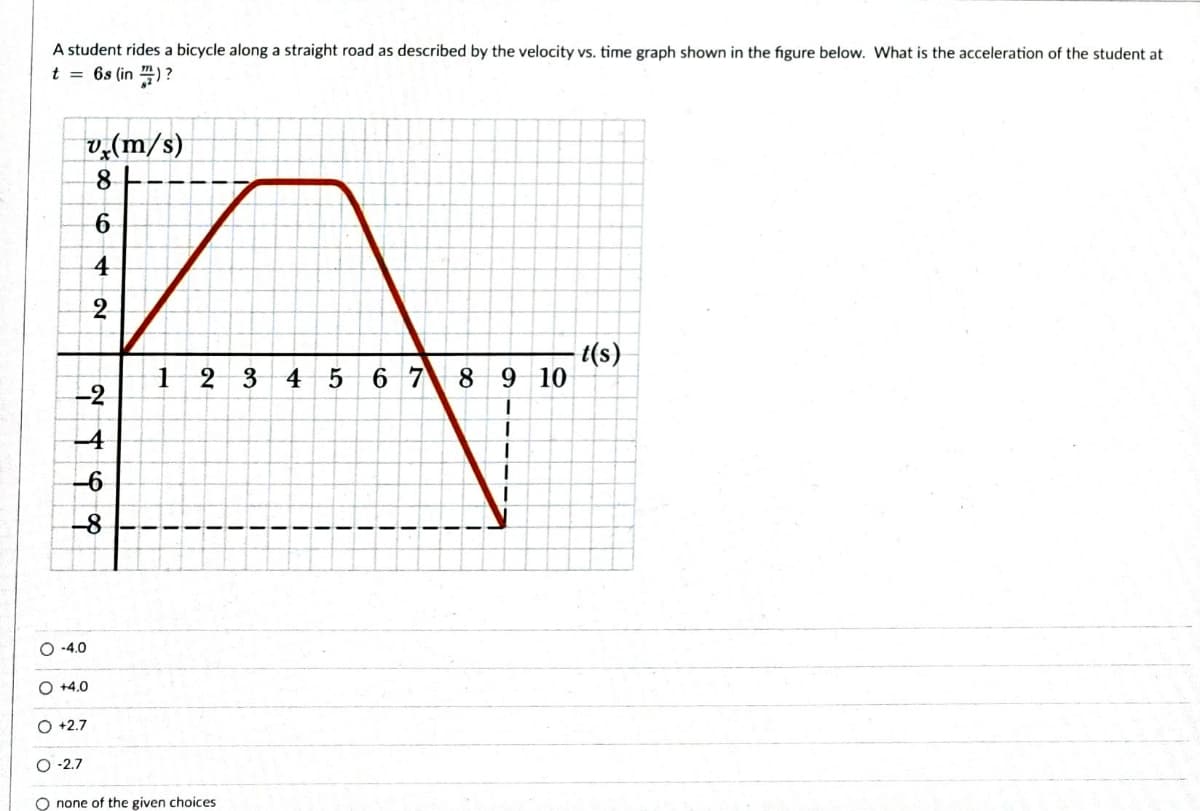 A student rides a bicycle along a straight road as described by the velocity vs. time graph shown in the figure below. What is the acceleration of the student at
t = 6s (in)?
v (m/s)
8
do do Ano
-2
-6
642
-8
O-4.0
O +4.0
O +2.7
O -2.7
1 2
O none of the given choices
3
4 5 6 7
8 9 10
1
1
1
t(s)