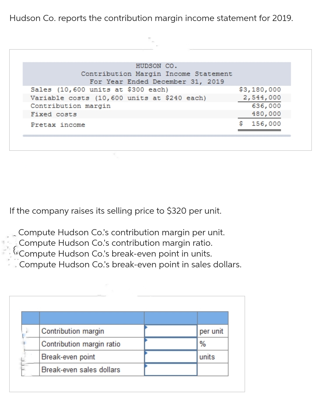 Hudson Co. reports the contribution margin income statement for 2019.
HUDSON CO.
Contribution Margin Income Statement
Sales (10,600 units at $300 each)
Variable costs (10,600 units at $240 each)
Contribution margin
Fixed costs
Pretax income
For Year Ended December 31, 2019
$3,180,000
2,544,000
636,000
480,000
$
156,000
If the company raises its selling price to $320 per unit.
Compute Hudson Co.'s contribution margin per unit.
Compute Hudson Co.'s contribution margin ratio.
Compute Hudson Co.'s break-even point in units.
Compute Hudson Co.'s break-even point in sales dollars.
Contribution margin
per unit
Contribution margin ratio
%
Break-even point
units
Break-even sales dollars