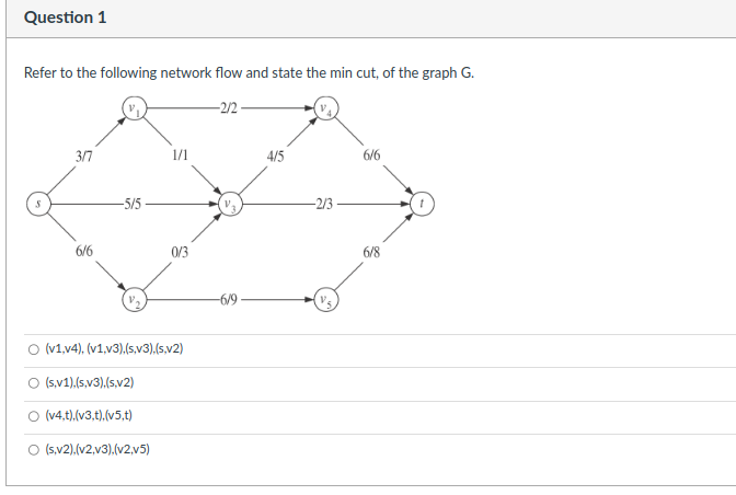 Question 1
Refer to the following network flow and state the min cut, of the graph G.
S
3/7
6/6
-5/5
(s,v1),(s,v3),(s,v2)
1/1
(v1,v4), (v1,v3),(s,v3),(s,v2)
O (v4,t).(v3,t).(v5,t)
O (s,v2),(v2,v3),(v2,v5)
0/3
-2/2-
4/5
-2/3
6/6
6/8