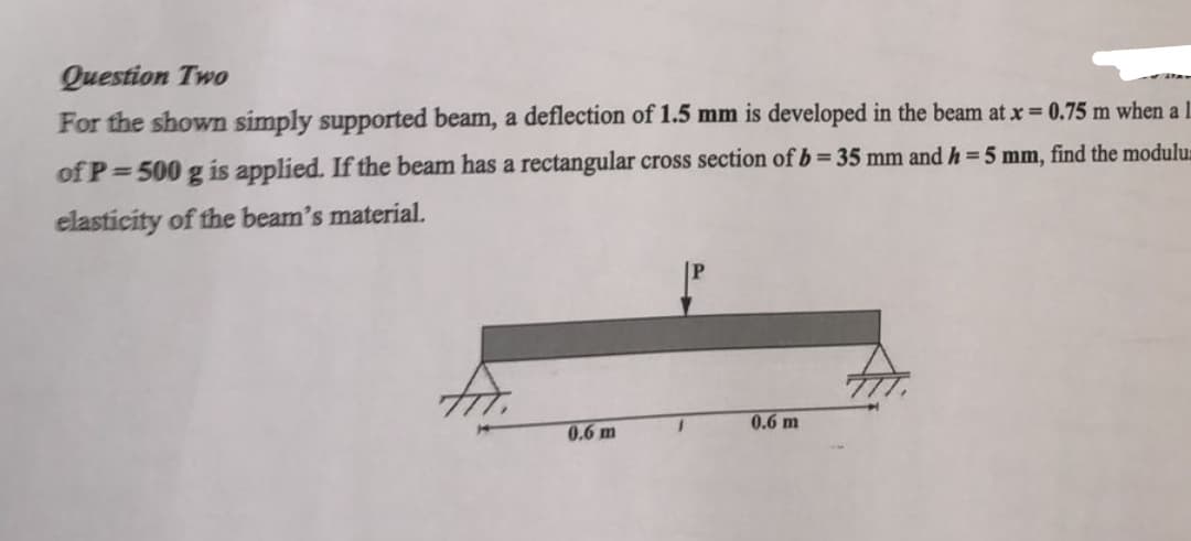 Question Two
For the shown simply supported beam, a deflection of 1.5 mm is developed in the beam at x 0.75 m when a L
mm,
of P=500 g is applied. If the beam has a rectangular cross section of b= 35 mm and h = 51
find the modulu:
elasticity of the beam's material.
0.6 m
0.6 m
