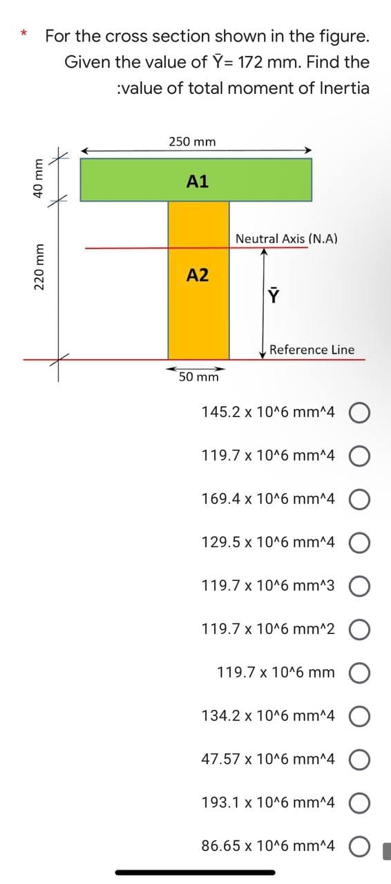 *
For the cross section shown in the figure.
Given the value of Y= 172 mm. Find the
:value of total moment of Inertia
250 mm
A1
Neutral Axis (N.A)
A2
Ý
Reference Line
50 mm
40 mm
220 mm
145.2 x 10^6 mm^4
119.7 x 10^6 mm^4
169.4 x 10^6 mm^4
129.5 x 10^6 mm^4 O
119.7 x 10^6 mm^3 O
119.7 x 10^6 mm^2
119.7 x 10^6 mm
134.2 x 10^6 mm^4 O
47.57 x 10^6 mm^4 O
193.1 x 10^6 mm^4
86.65 x 10^6 mm^4