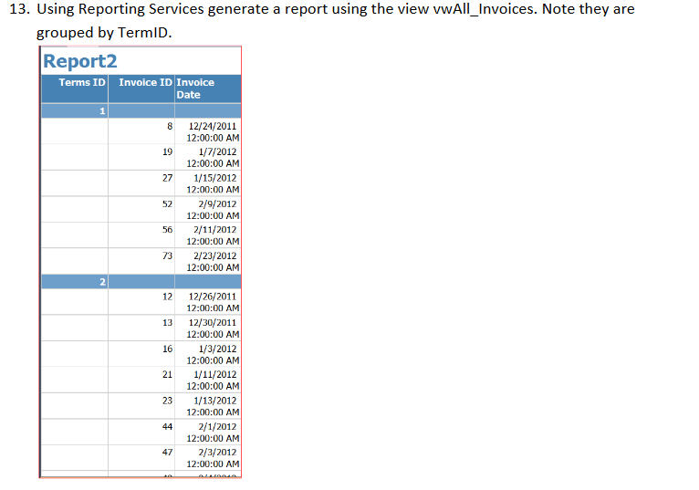 13. Using Reporting Services generate a report using the view vwAll_Invoices. Note they are
grouped by TermlD.
Report2
Terms ID Invoice ID Invoice
Date
8
12/24/2011
12:00:00 AM
1/7/2012
19
12:00:00 AM
1/15/2012
12:00:00 AM
2/9/2012
12:00:00 AM
27
52
2/11/2012
12:00:00 AM
56
2/23/2012
12:00:00 AM
73
2
12
12/26/2011
12:00:00 AM
12/30/2011
12:00:00 AM
13
16
1/3/2012
12:00:00 AM
21
1/11/2012
12:00:00 AM
1/13/2012
12:00:00 AM
23
2/1/2012
12:00:00 AM
44
2/3/2012
12:00:00 AM
47
awansa
