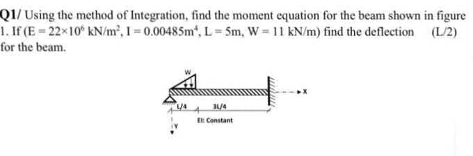 Q1/Using the method of Integration, find the moment equation for the beam shown in figure
1. If (E= 22x10 kN/m, I 0.00485m, L = 5m, W 11 kN/m) find the deflection (L/2)
for the beam.
L/4
3/4
EE Constant
