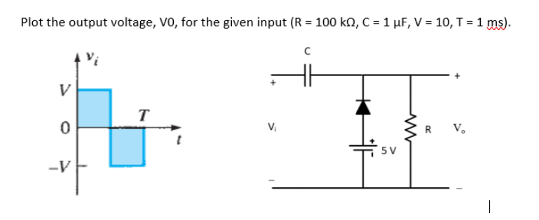 Plot the output voltage, V0, for the given input (R = 100 kn, C =1 µF, V = 10, T= 1 ms).
V
T
V,
R
V,
5 V
-vE

