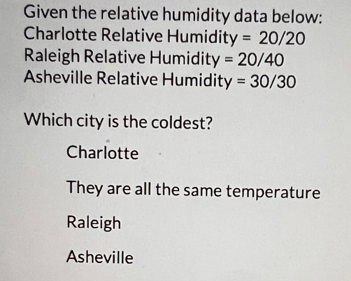 Given the relative humidity data below:
Charlotte Relative Humidity = 20/20
Raleigh Relative Humidity = 20/40
Asheville Relative Humidity = 30/30
Which city is the coldest?
Charlotte
They are all the same temperature
Raleigh
Asheville