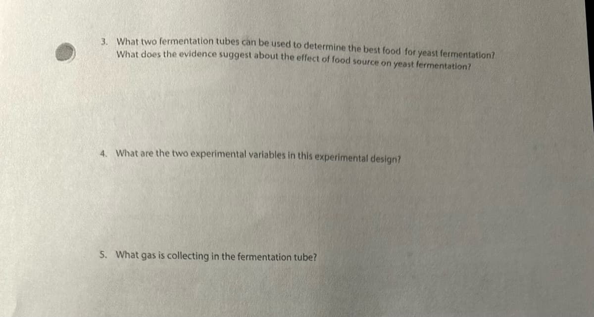 3. What two fermentation tubes can be used to determine the best food for yeast fermentation?
What does the evidence suggest about the effect of food source on yeast fermentation?
4. What are the two experimental variables in this experimental design?
5. What gas is collecting in the fermentation tube?