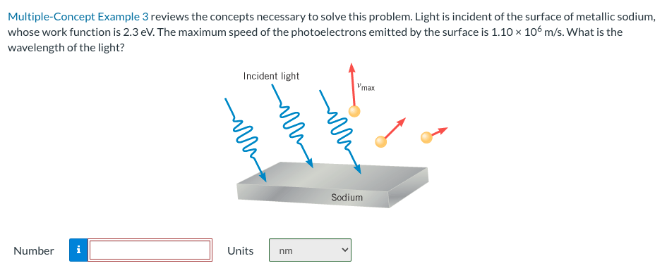 Multiple-Concept Example 3 reviews the concepts necessary to solve this problem. Light is incident of the surface of metallic sodium,
whose work function is 2.3 eV. The maximum speed of the photoelectrons emitted by the surface is 1.10 × 106 m/s. What is the
wavelength of the light?
Number i
Incident light
un
Units nm
ми
Vmax
Sodium