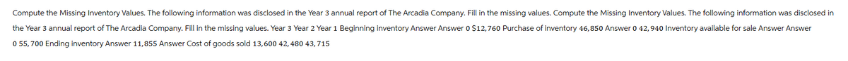 Compute the Missing Inventory Values. The following information was disclosed in the Year 3 annual report of The Arcadia Company. Fill in the missing values. Compute the Missing Inventory Values. The following information was disclosed in
the Year 3 annual report of The Arcadia Company. Fill in the missing values. Year 3 Year 2 Year 1 Beginning inventory Answer Answer 0 $12,760 Purchase of inventory 46,850 Answer 0 42, 940 Inventory available for sale Answer Answer
0 55,700 Ending inventory Answer 11,855 Answer Cost of goods sold 13,600 42, 480 43,715