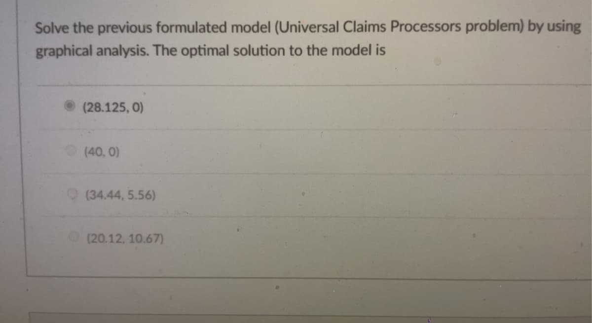 Solve the previous formulated model (Universal Claims Processors problem) by using
graphical analysis. The optimal solution to the model is
(28.125, 0)
(40, 0)
(34.44, 5.56)
(20.12, 10.67)