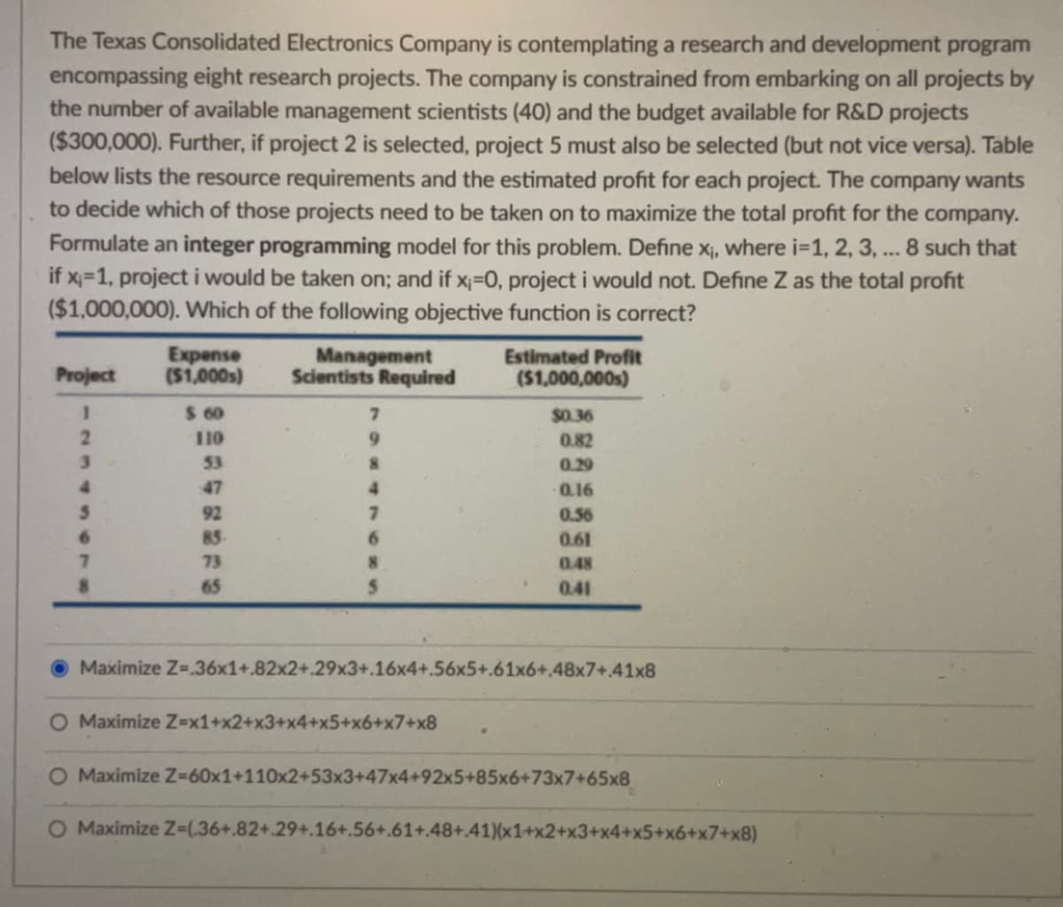 The Texas Consolidated Electronics Company is contemplating a research and development program
encompassing eight research projects. The company is constrained from embarking on all projects by
the number of available management scientists (40) and the budget available for R&D projects
($300,000). Further, if project 2 is selected, project 5 must also be selected (but not vice versa). Table
below lists the resource requirements and the estimated profit for each project. The company wants
to decide which of those projects need to be taken on to maximize the total profit for the company.
Formulate an integer programming model for this problem. Define x₁, where i=1, 2, 3, ... 8 such that
if x=1, project i would be taken on; and if x=0, project i would not. Define Z as the total profit
($1,000,000). Which of the following objective function is correct?
Expense
($1,000s)
Management
Scientists Required
Project
Estimated Profit
($1,000,000s)
I
$ 60
7
$0.36
2
110
9
0.82
53
8
0.29
4
47
4
0.16
5
92
7
0.56
6
85-
6
0.61
7
73
8
0.48
8
65
5
0.41
Maximize Z=.36x1+.82x2+.29x3+.16x4+.56x5+.61x6+.48x7+.41x8
O Maximize Z-x1+x2+x3+x4+x5+x6+x7+x8
O Maximize Z=60x1+110x2+53x3+47x4+92x5+85x6+73x7+65x8
O Maximize Z=(.36+.82+.29+.16+.56+.61+.48+.41)(x1+x2+x3+x4+x5+x6+x7+x8)