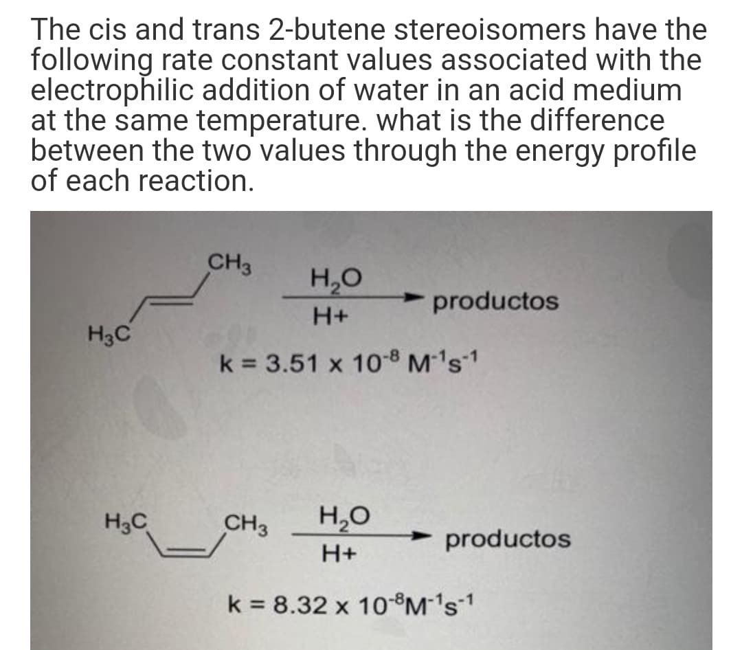The cis and trans 2-butene stereoisomers have the
following rate constant values associated with the
electrophilic addition of water in an acid medium
at the same temperature. what is the difference
between the two values through the energy profile
of each reaction.
CH3
H,O
productos
H+
H3C
k = 3.51 x 10- M's1
H3C
CH3
H,0
> productos
H+
k = 8.32 x 10®M's1
