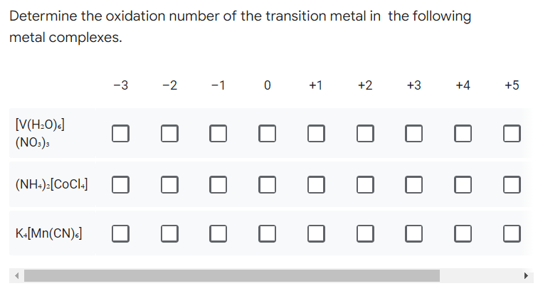 Determine the oxidation number of the transition metal in the following
metal complexes.
-3
-2
-1 0
+1
+2
+3
+4
[V(H₂O)]
(NO3)3
(NH4)₂ [COCI4]
K+[Mn(CN)s]
+5