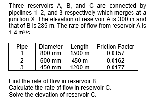 Three reservoirs A, B, and C are connected by
pipelines 1, 2, and 3 respectively which merges at a
junction X. The elevation of reservoir A is 300 m and
that of B is 285 m. The rate of flow from reservoir A is
1.4 m/s.
Diameter Length
Friction Factor
Pipe
1
800 mm
1500 m
0.0157
2
600 mm
450 m
0.0162
3
450 mm
1200 m
0.0177
Find the rate of flow in reservoir B.
Calculate the rate of flow in reservoir C.
Solve the elevation of reservoir C.
