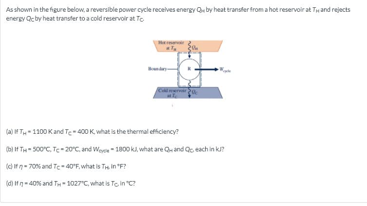 As shown in the figure below, a reversible power cycle receives energy QH by heat transfer from a hot reservoir at TH and rejects
energy Qc by heat transfer to a cold reservoir at Tc.
Hot reservoir
at TH
Boundary-
Cold reservoir 20
at Te
(a) If TH = 1100 Kand Tc = 400 K, what is the thermal efficiency?
(b) If TH = 500°C, Tc= 20°C, and Weycle = 1800 kJ, what are QH and Qc, each in kJ?
(c) If n = 70% and Tc= 40°F, what is TH, in °F?
(d) If n = 40% and TH = 1027°C, what is Tc, in °C?
