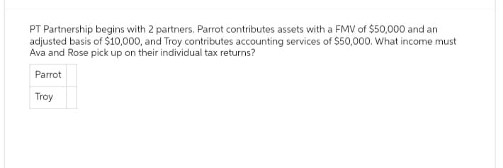 PT Partnership begins with 2 partners. Parrot contributes assets with a FMV of $50,000 and an
adjusted basis of $10,000, and Troy contributes accounting services of $50,000. What income must
Ava and Rose pick up on their individual tax returns?
Parrot
Troy