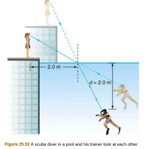 2.0 m
d= 2.0 m
Figure 25.53 A scuba diver in a pool and his trainer look at each other.
