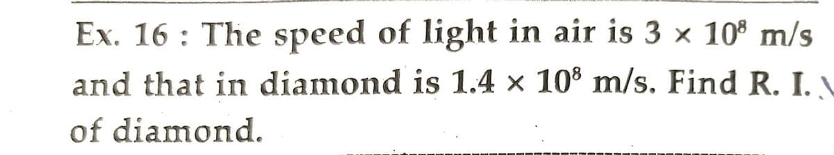 Ex. 16: The speed of light in air is 3 × 108 m/s
and that in diamond is 1.4 × 108 m/s. Find R. I.
of diamond.