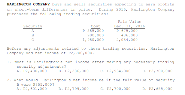 HARLINGTON COMPANY buys and sells securities expecting to earn profits
on short-term differences in price.
purchased the following trading securities:
During 2016, Harlington Company
Fair Value
Dec. 31, 2016
P 675,000
486,000
2,034,000
Security
Cost
P 585,000
900,000
1,980,000
A.
B
Before any adjustments related to these trading securities, Harlington
Company had net income of P2,700,000.
1. What is Harlington's net income after making any necessary trading
security adjustments ?
A. P2,430,000
B. P2,286, 000
C. P2,934,000
D. P2,700,000
2. What woould Harlington's net income be if the fair value of security
B were P855,000?
A. P2,601,000
B. P2,799,000
C. P2,700,000
D. P2,655,000
