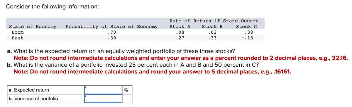 Consider the following information:
State of Economy Probability of State of Economy
Boom
Bust
.70
.30
a. Expected return
b. Variance of portfolio
Rate of Return if State Occurs
Stock A
Stock B
.02
Stock C
.38
.33
-.18
a. What is the expected return on an equally weighted portfolio of these three stocks?
Note: Do not round intermediate calculations and enter your answer as a percent rounded to 2 decimal places, e.g., 32.16.
b. What is the variance of a portfolio invested 25 percent each in A and B and 50 percent in C?
Note: Do not round intermediate calculations and round your answer to 5 decimal places, e.g., .16161.
%
.08
.27