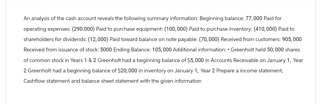 An analysis of the cash account reveals the following summary information: Beginning balance: 77,000 Paid for
operating expenses: (290.000) Paid to purchase equipment: (100,000) Paid to purchase inventory: (410,000) Paid to
shareholders for dividends: (12,000) Paid toward balance on note payable: (70,000) Received from customers: 905,000
Received from issuance of stock: 5000 Ending Balance: 105,000 Additional information: • Greenholt held 50,000 shares
of common stock in Years 1 & 2 Greenholt had a beginning balance of $5,000 in Accounts Receivable on January 1, Year
2 Greenholt had a beginning balance of $20,000 in inventory on January 1, Year 2 Prepare a income statement,
Cashflow statement and balance sheet statement with the given information