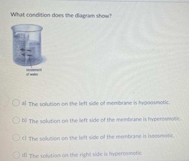 What condition does the diagram show?
movement
of water
a) The solution on the left side of membrane is hypoosmotic.
b) The solution on the left side of the membrane is hyperosmotic.
c) The solution on the left side of the membrane is isoosmotic.
O d) The solution on the right side is hyperosmotic
