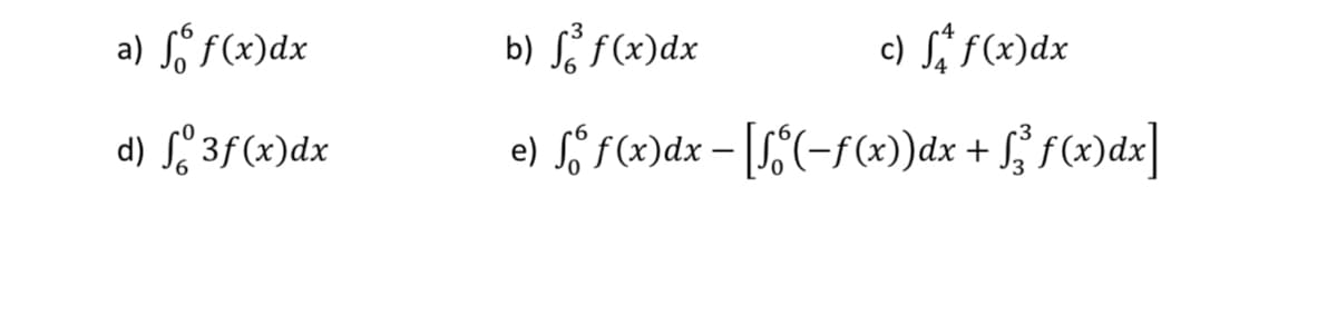 a) So f(x) dx
d) f3f(x) dx
b) f(x) dx
c) ff(x) dx
e) fo f(x) dx - [f(f(x)) dx + f f(x)dx]