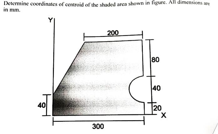 Determine coordinates of centroid of the shaded area shown in figure. All dimensions are
in mm.
40
300
200
80
40
20
X