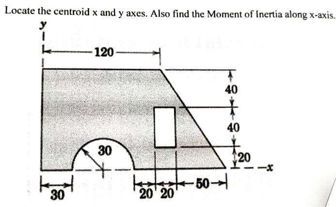 Locate the centroid x and y axes. Also find the Moment of Inertia along x-axis.
y
H
30
120-
30
laata
20¹ 20
-50-
40
40
20