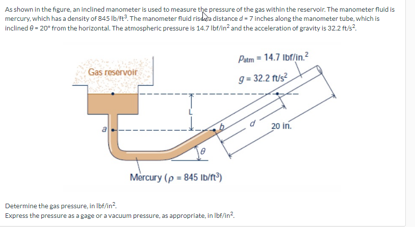 As shown in the figure, an inclined manometer is used to measure the pressure of the gas within the reservoir. The manometer fluid is
mercury, which has a density of 845 lb/ft³. The manometer fluid risera distance d = 7 inches along the manometer tube, which is
inclined 0 = 20° from the horizontal. The atmospheric pressure is 14.7 lbf/in² and the acceleration of gravity is 32.2 ft/s².
Gas reservoir
B
Mercury (p = 845 lb/ft³)
Determine the gas pressure, in lbf/in².
Express the pressure as a gage or a vacuum pressure, as appropriate, in lbf/in².
Patm = 14.7 lbf/in.²
g=32.2 ft/s²
20 in.