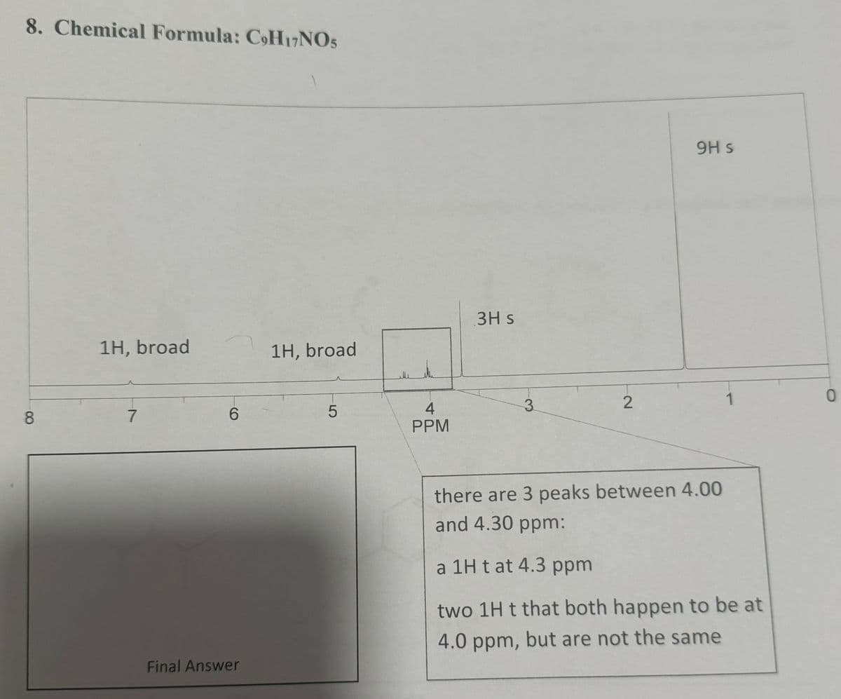 8. Chemical Formula: C9H17NO5
8
1H, broad
7
6
Final Answer
1H, broad
5
سلاد
etu
4
PPM
3H s
3
2
9H s
1
there are 3 peaks between 4.00
and 4.30 ppm:
a 1H t at 4.3 ppm
two 1H t that both happen to be at
4.0 ppm, but are not the same
0