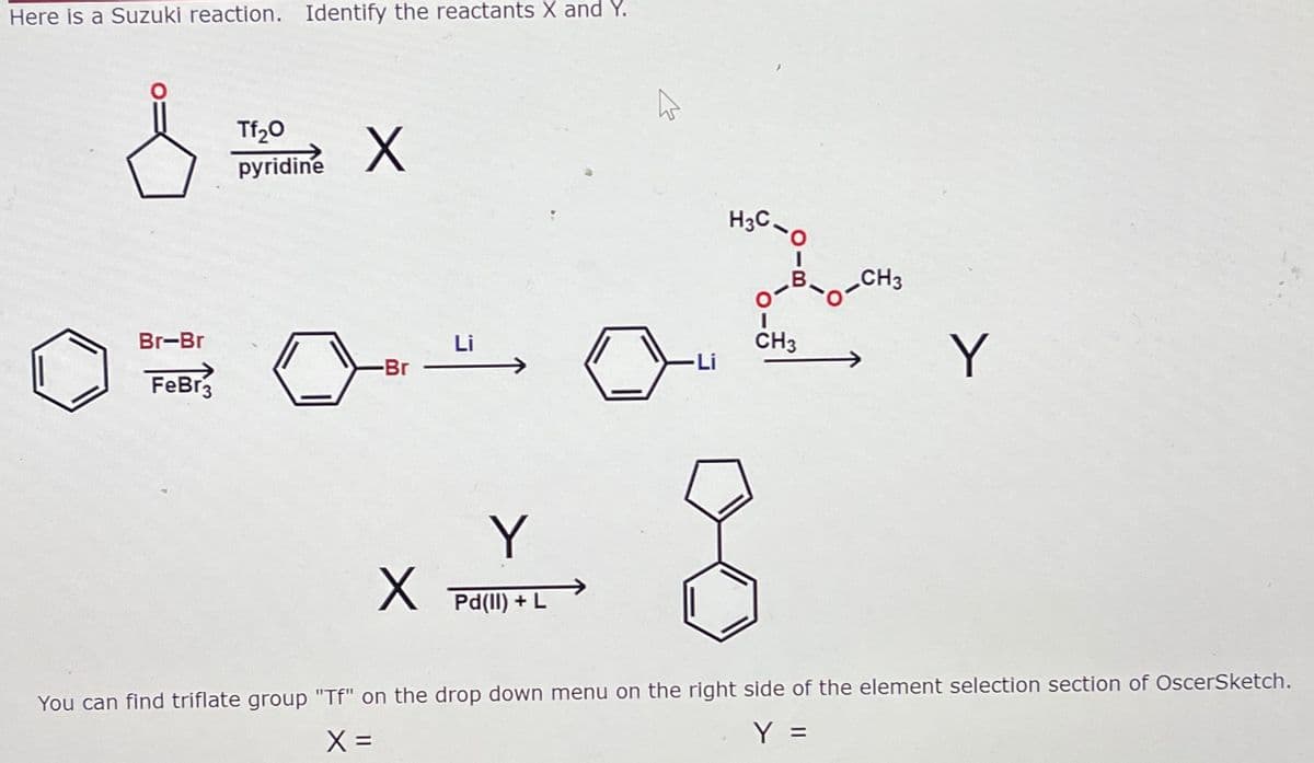 Here is a Suzuki reaction. Identify the reactants X and Y.
80x
Tf₂0 X
pyridine
Br-Br
FeBr3
-Br
X
Y
Pd(II) + L
- Li
H3C-0
CH3
CH3
Y
You can find triflate group "Tf" on the drop down menu on the right side of the element selection section of OscerSketch.
X =
Y =