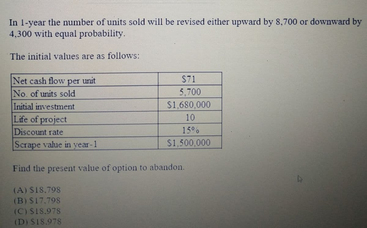 In 1-year the number of units sold will be revised either upward by 8,700 or downward by
4,300 with equal probability.
The initial values are as follows:
S71
Net cash flow per unit
No. of units sold
Initial investment
Life of project
5,700
$1,680,000
10
Discount rate
15%
Scrape value in year-1
$1,500,000
Find the present value of option to abandon.
(A) SI8,798
(B) S17.798
(C) SI8.978
(D) S18.978
