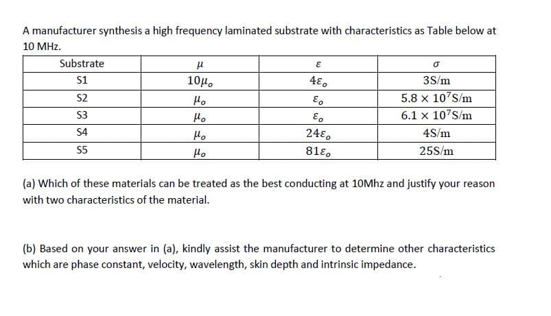 A manufacturer synthesis a high frequency laminated substrate with characteristics as Table below at
10 MHz.
Substrate
S1
104.
48.
3S/m
S2
Ho
5.8 x 107S/m
°3
S3
Ho
6.1 x 107S/m
S4
Ho
248,
4S/m
S5
Ho
81ɛ.
25S/m
(a) Which of these materials can be treated as the best conducting at 10MHZ and justify your reason
with two characteristics of the material.
(b) Based on your answer in (a), kindly assist the manufacturer to determine other characteristics
which are phase constant, velocity, wavelength, skin depth and intrinsic impedance.
