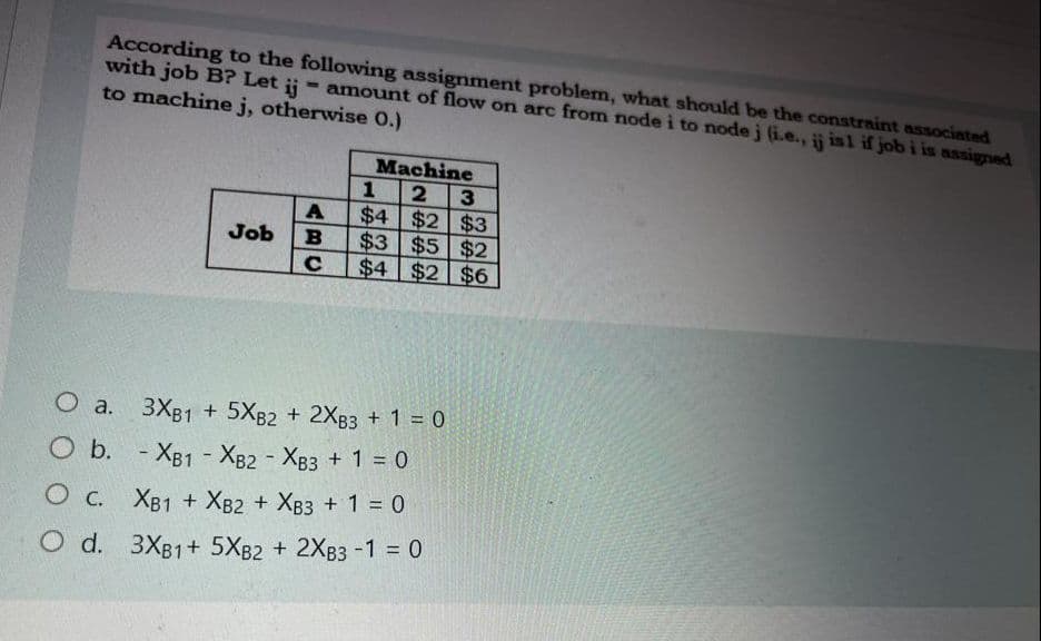 According to the following assignment problem, what should be the constraint associated
with job B? Let ij
to machine j, otherwise 0.)
- amount of flow on arc from node i to node j (i.e., ij isl if job i is assigned
O a.
O b.
O C.
Job
A
B
с
Machine
2
3
$2 $3
1
$4
$3 $5 $2
$4 $2 $6
3XB1 + 5XB2 + 2XB3 + 1 = 0
- XB1-XB2 - XB3 + 1 = 0
XB1 + XB2+ XB3 + 1 = 0
O d. 3XB1+ 5XB2 + 2XB3 -1 = 0