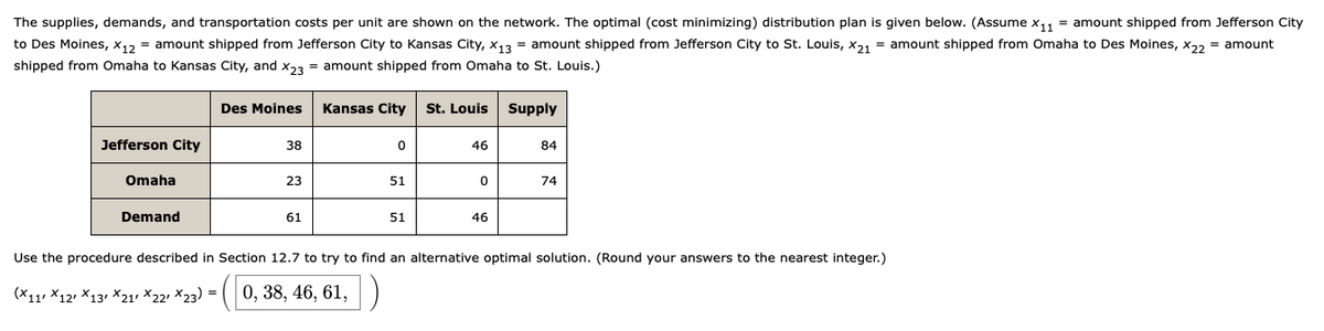 The supplies, demands, and transportation costs per unit are shown on the network. The optimal (cost minimizing) distribution plan is given below. (Assume X1₁1 = amount shipped from Jefferson City
to Des Moines, X12 = amount shipped from Jefferson City to Kansas City, X13 = amount shipped from Jefferson City to St. Louis, X21 = amount shipped from Omaha to Des Moines, X22 = amount
shipped from Omaha to Kansas City, and X23 = amount shipped from Omaha to St. Louis.)
Jefferson City
Omaha
Demand
Des Moines Kansas City St. Louis Supply
38
23
61
0
51
51
46
0
46
84
74
Use the procedure described in Section 12.7 to try to find an alternative optimal solution. (Round your answers to the nearest integer.)
(×11′ ×12′ ×13′ ×21′ ×22′ ×23) = (0, 38, 46, 61,