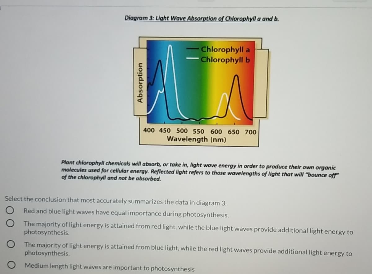 Diagram 3: Light Wave Absorption of Chlorophyll a and b.
Chlorophyll a
Chlorophyll b
400 450 500 550 600 650 700
Wavelength (nm)
Plant chlorophyll chemicals will absorb, or take in, light wave energy in order to produce their own organic
molecules used for cellular energy. Reflected light refers to those wavelengths of light that will "bounce off"
of the chlorophyll and not be absorbed.
Select the conclusion that most accurately summarizes the data in diagram 3.
Red and blue light waves have equal importance during photosynthesis.
The majority of light energy is attained from red light, while the blue light waves provide additional light energy to
photosynthesis.
The majority of light energy is attained from blue light, while the red light waves provide additional light energy to
photosynthesis.
Medium length light waves are important to photosynthesis
Absorption
