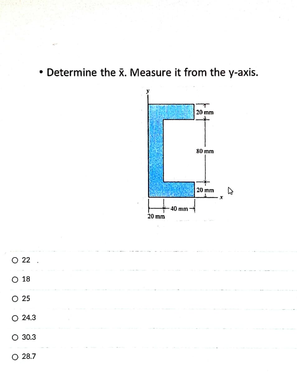 Determine the x. Measure it from the y-axis.
20 mm
80 mm
20 mm
40 mm
20 mm
O 22
O 18
O 25
O 24.3
O 30.3
O 28.7

